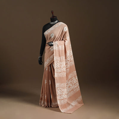 Brown - mul cotton hand batik saree 20 - handcrafted