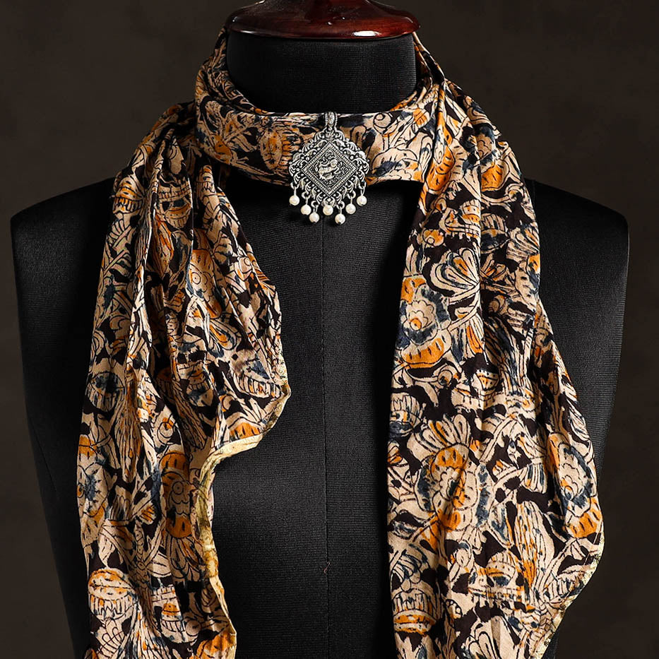 Black Block Print Chanderi Silk Pendant Necklace Scarf