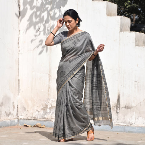 Grey Chanderi Silk Akola Hand Block Print Natural Dyed Saree, draped and worn by a woman, AI visual of the saree, iTokri