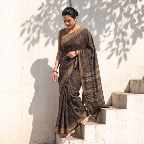 Green Chanderi Silk Akola Hand Block Print Natural Dyed Saree, draped and worn by a woman, AI visual of the saree, iTokri