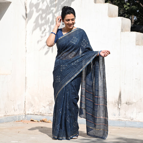 Blue Chanderi Silk Akola Hand Block Print Natural Dyed Saree, draped and worn by a woman, AI visual of the saree, iTokri