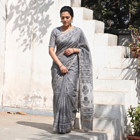Grey Chanderi Silk Akola Hand Block Print Natural Dyed Saree, draped and worn by a woman, AI visual of the saree, iTokri