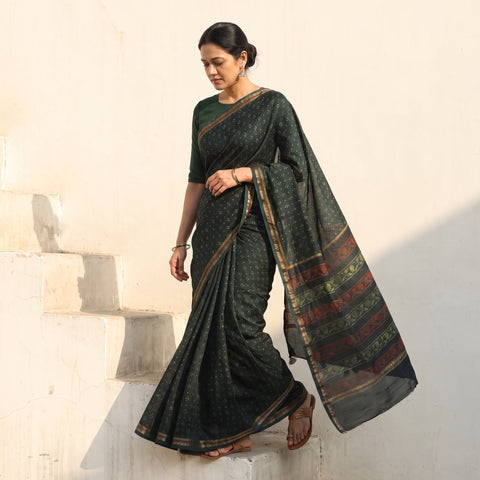 Green Chanderi Silk Akola Hand Block Print Natural Dyed Saree, draped and worn by a woman, AI visual of the saree, iTokri
