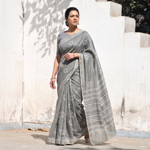 Grey Chanderi Silk Akola Hand Block Print Natural Dyed Saree, draped and worn by a woman, AI visual of the saree, iTokri