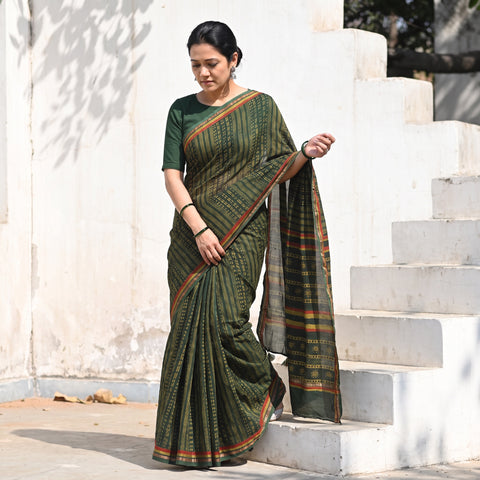 Green Chanderi Silk Akola Hand Block Print Natural Dyed Saree, draped and worn by a woman, AI visual of the saree, iTokri