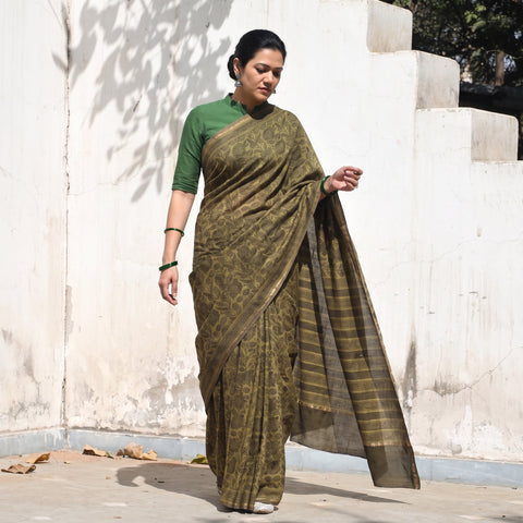 Brown Chanderi Silk Akola Hand Block Print Natural Dyed Saree, draped and worn by a woman, AI visual of the saree, iTokri
