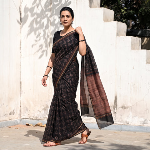 Black Chanderi Silk Akola Hand Block Print Natural Dyed Saree, draped and worn by a woman, AI visual of the saree, iTokri