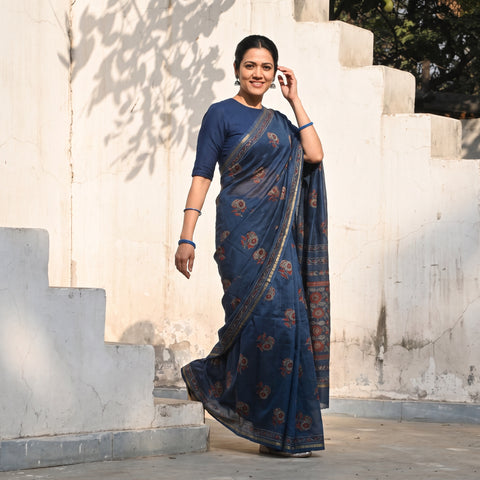 Blue Chanderi Silk Akola Hand Block Print Natural Dyed Saree, draped and worn by a woman, AI visual of the saree, iTokri