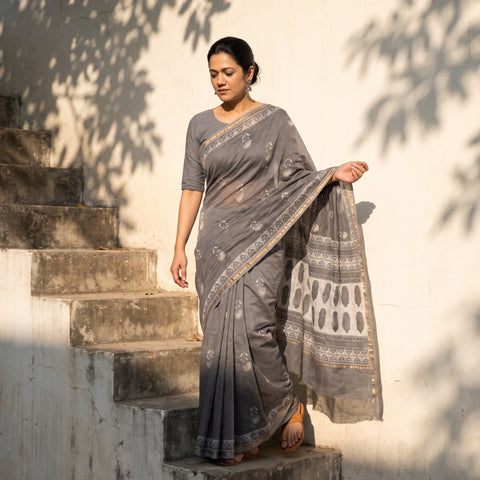 Grey Chanderi Silk Akola Hand Block Print Natural Dyed Saree, draped and worn by a woman, AI visual of the saree, iTokri