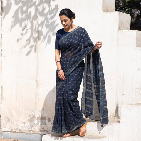 Blue Chanderi Silk Akola Hand Block Print Natural Dyed Saree, draped and worn by a woman, AI visual of the saree, iTokri