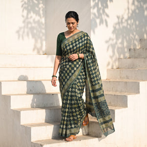 Green Chanderi Silk Akola Hand Block Print Natural Dyed Saree, draped and worn by a woman, AI visual of the saree, iTokri