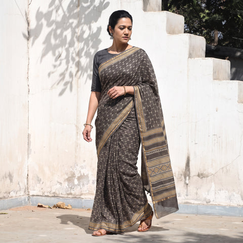 Brown Chanderi Silk Akola Hand Block Print Natural Dyed Saree, draped and worn by a woman, AI visual of the saree, iTokri