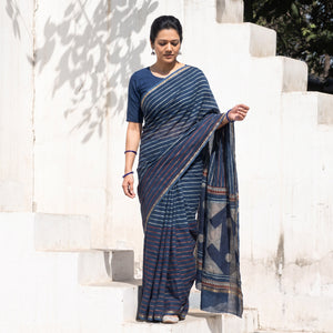 Blue Chanderi Silk Akola Hand Block Print Natural Dyed Saree, draped and worn by a woman, AI visual of the saree, iTokri