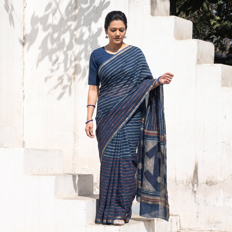 Blue Chanderi Silk Akola Hand Block Print Natural Dyed Saree, draped and worn by a woman, AI visual of the saree, iTokri