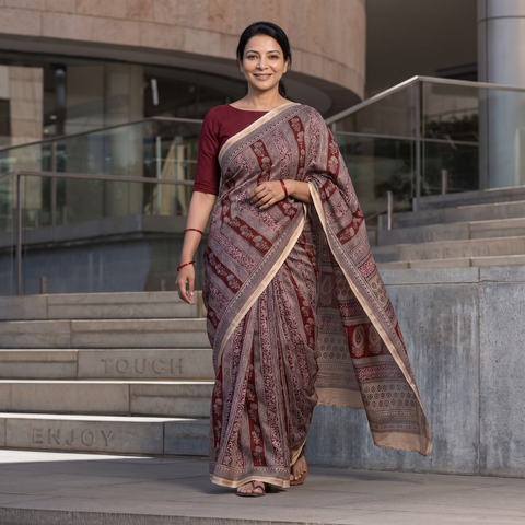 Multicolor Chanderi Silk Bagh Print Saree, draped and worn by a woman, AI visual of the saree, iTokri