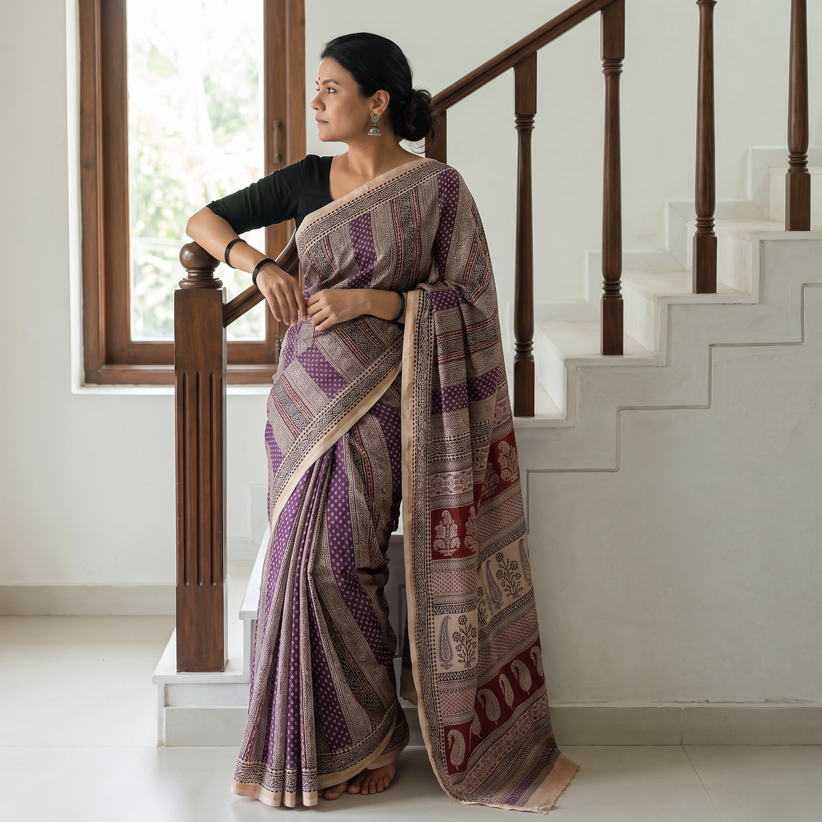 Purple Chanderi Silk Bagh Print Saree, draped and worn by a woman, AI visual of the saree, iTokri