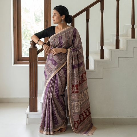 Purple Chanderi Silk Bagh Print Saree, draped and worn by a woman, AI visual of the saree, iTokri