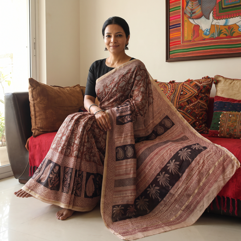 Brown Chanderi Silk Bagh Print Saree, draped and worn by a woman, AI visual of the saree, iTokri