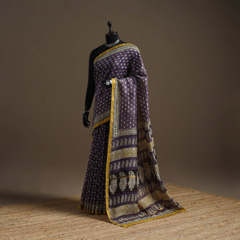 Chanderi silk hand bagru saree with zari border 07