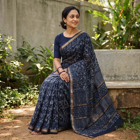 Blue Chanderi Silk Hand Block Batik Print Saree, draped and worn by a woman, AI visual of the saree, iTokri