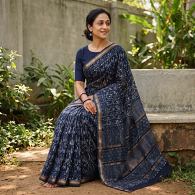 Blue Chanderi Silk Hand Block Batik Print Saree, draped and worn by a woman, AI visual of the saree, iTokri