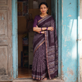 Purple Chanderi Silk Hand Block Batik Print Saree, draped and worn by a woman, AI visual of the saree, iTokri