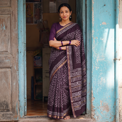 Purple Chanderi Silk Hand Block Batik Print Saree, draped and worn by a woman, AI visual of the saree, iTokri