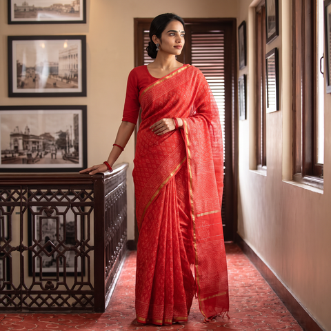 Red Chanderi Silk Hand Block Batik Print Saree, draped and worn by a woman, AI visual of the saree, iTokri