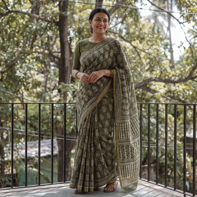 Green Chanderi Silk Hand Block Batik Print Saree, draped and worn by a woman, AI visual of the saree, iTokri