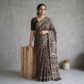 Brown Chanderi Silk Hand Block Print Bagru Saree with Zari Border, draped and worn by a woman, AI visual of the saree, iTokri
