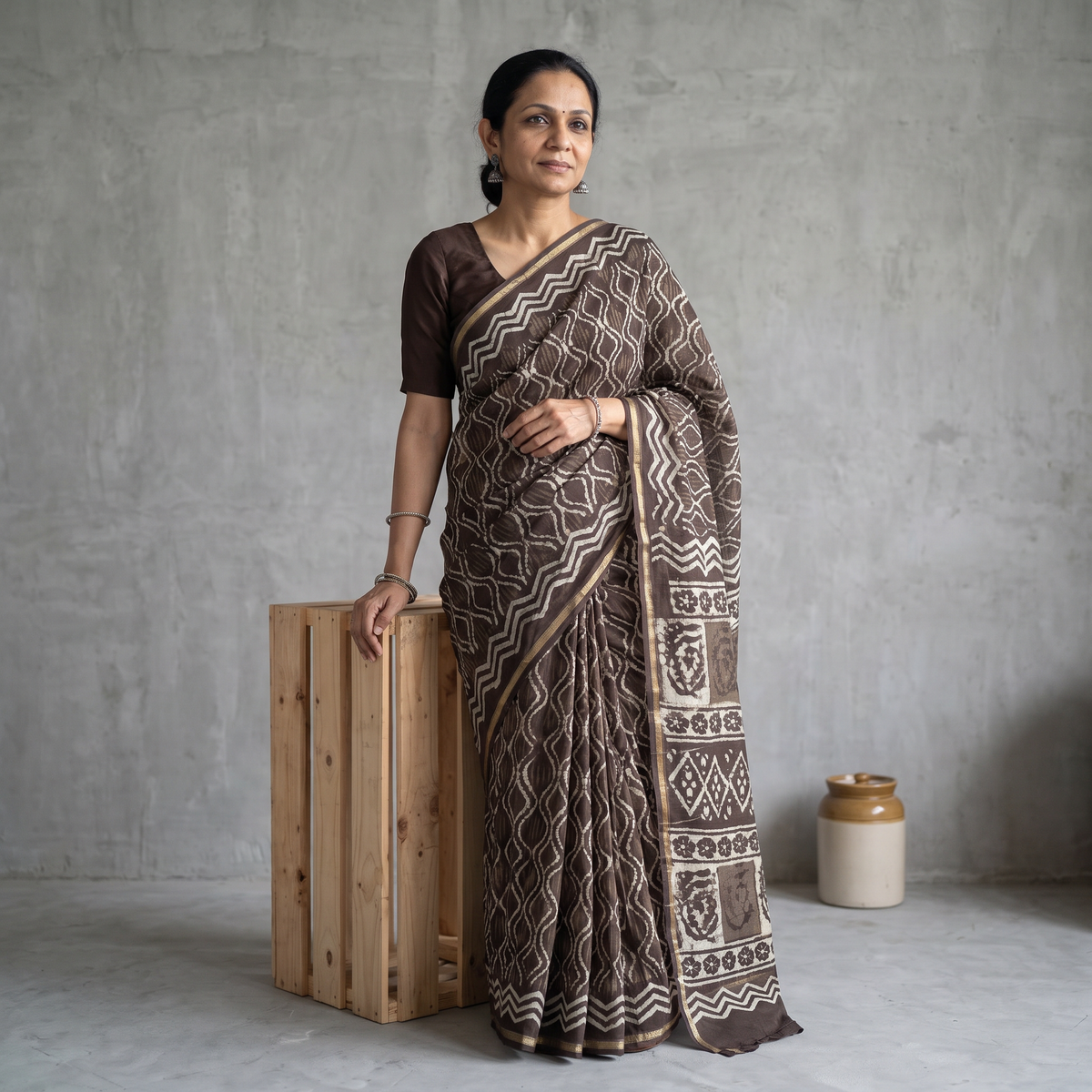 Brown Chanderi Silk Hand Block Print Bagru Saree with Zari Border, draped and worn by a woman, AI visual of the saree, iTokri