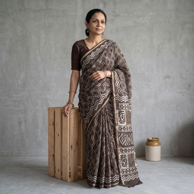 Brown Chanderi Silk Hand Block Print Bagru Saree with Zari Border, draped and worn by a woman, AI visual of the saree, iTokri