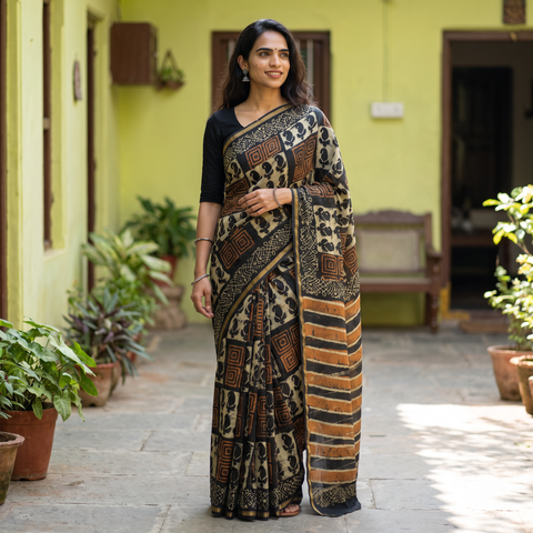 Multicolor Chanderi Silk Hand Block Print Bagru Saree with Zari Border, draped and worn by a woman, AI visual of the saree, iTokri