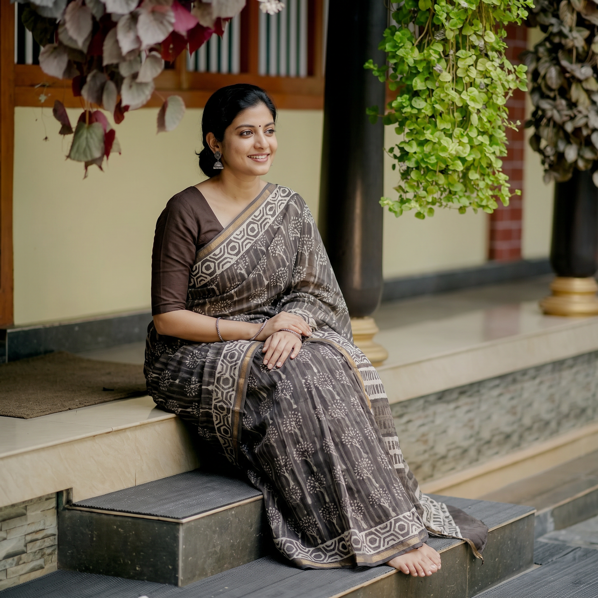 Brown Chanderi Silk Hand Block Print Bagru Saree with Zari Border, draped and worn by a woman, AI visual of the saree, iTokri