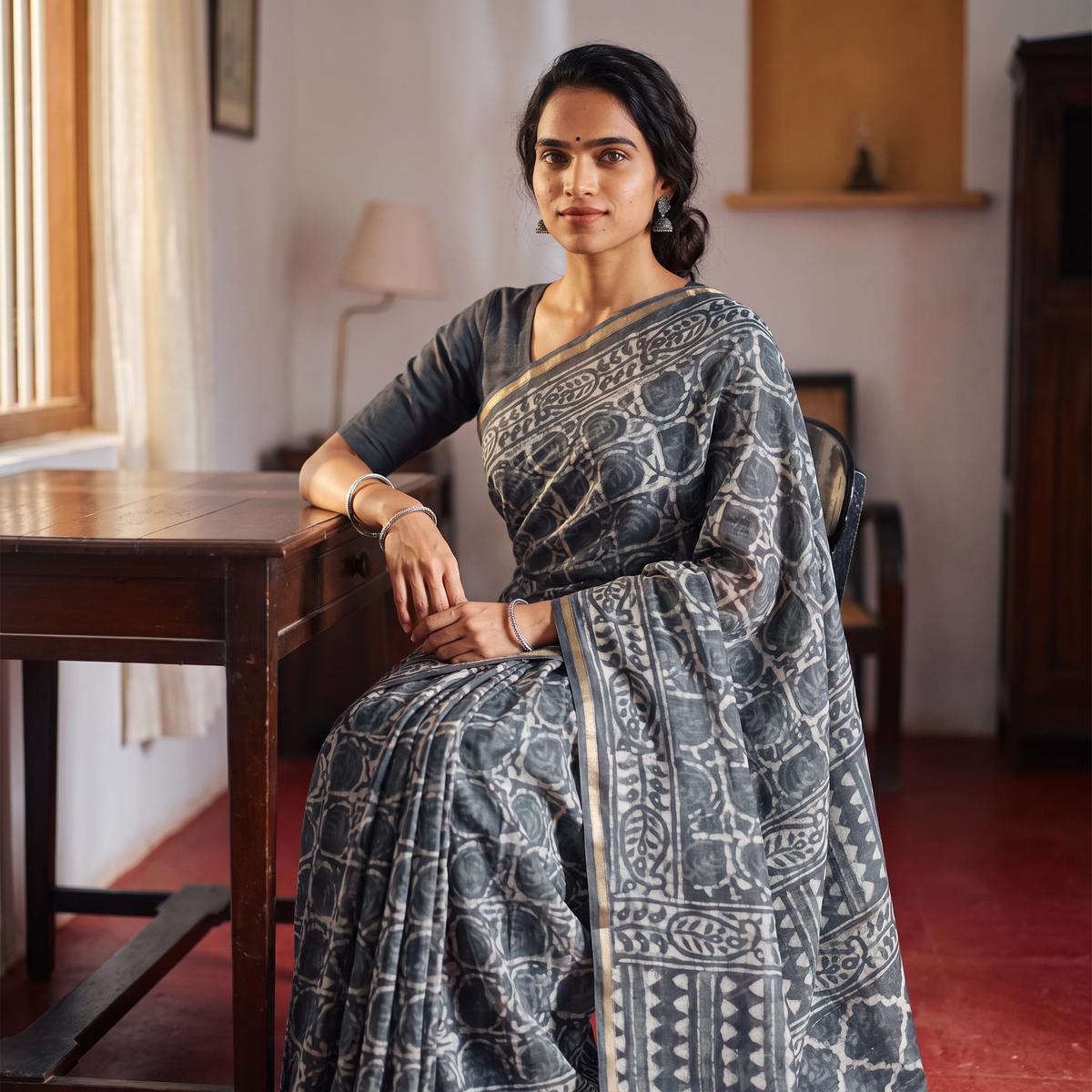 Grey Chanderi Silk Hand Block Print Bagru Saree with Zari Border, draped and worn by a woman, AI visual of the saree, iTokri