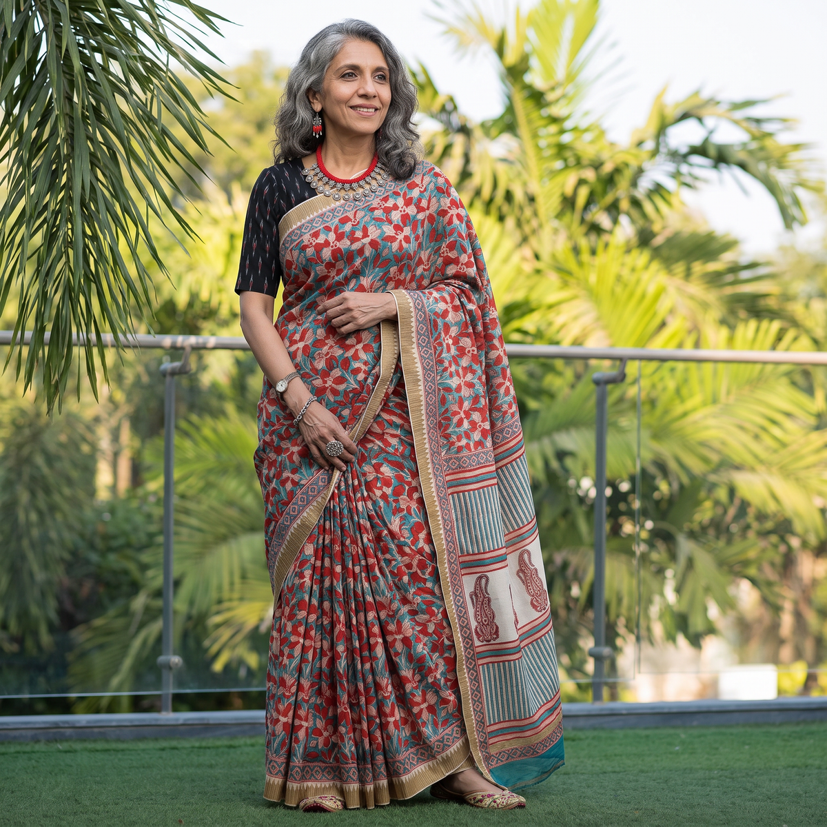 Multicolor Chanderi silk hand block print Sanganeri saree with ghicha border, draped and worn by a woman, AI visual of the saree, iTokri