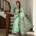 Green Chanderi Silk Hand Embroidery Phulkari Saree, draped and worn by a woman, AI visual of the saree, iTokri