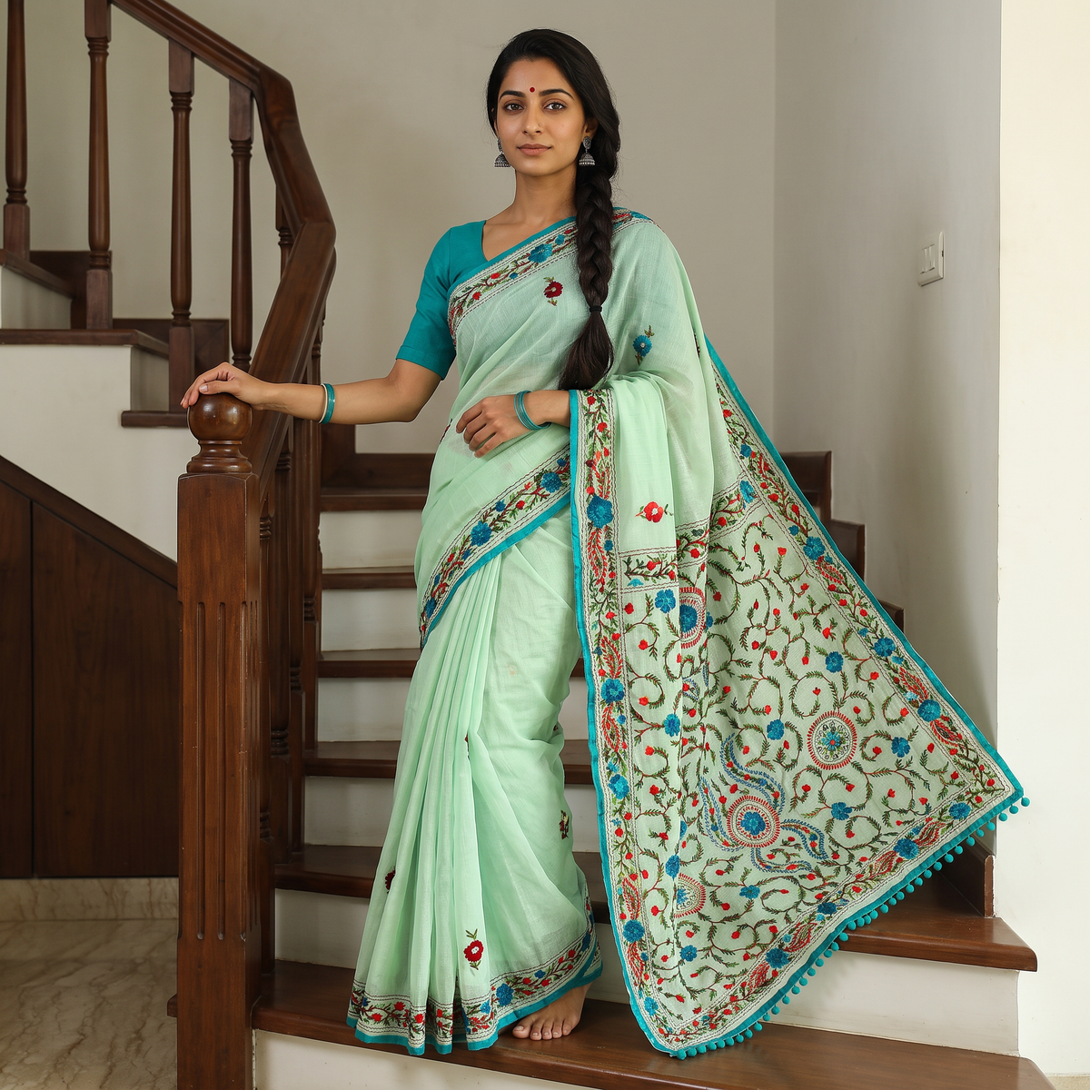 Green Chanderi Silk Hand Embroidery Phulkari Saree, draped and worn by a woman, AI visual of the saree, iTokri