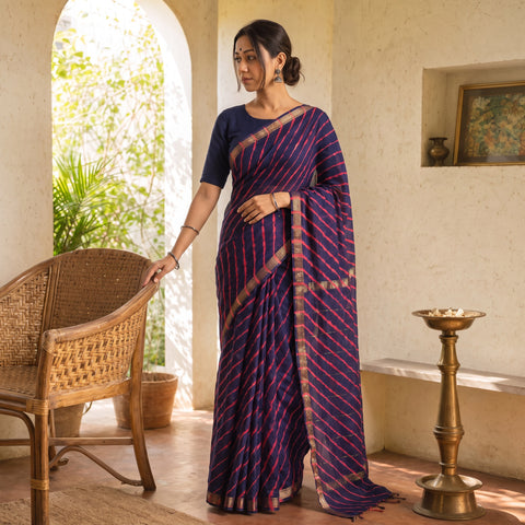 Purple Chanderi Silk Leheriya Tie-Dye Saree with Zari Border, draped and worn by a woman, AI visual of the saree, iTokri