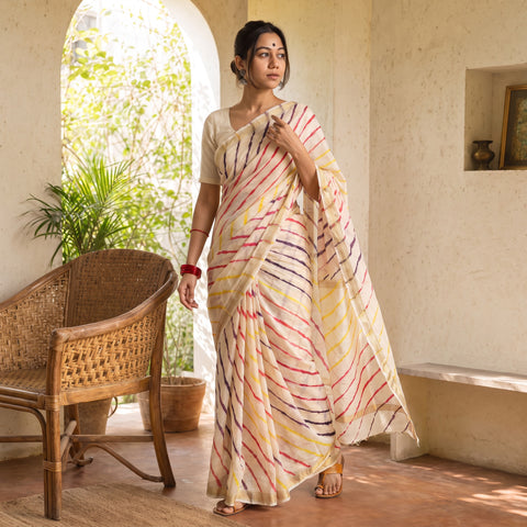 Off White Chanderi Silk Leheriya Tie-Dye Saree with Zari Border, draped and worn by a woman, AI visual of the saree, iTokri