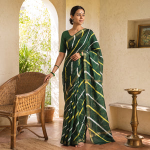 Green Chanderi Silk Leheriya Tie-Dye Saree with Zari Border, draped and worn by a woman, AI visual of the saree, iTokri