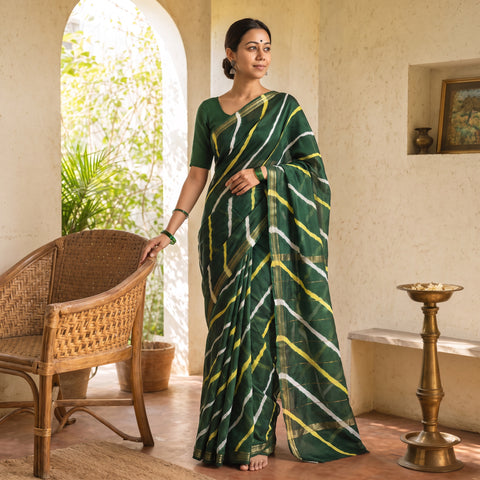 Green Chanderi Silk Leheriya Tie-Dye Saree with Zari Border, draped and worn by a woman, AI visual of the saree, iTokri