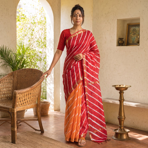 Red Chanderi Silk Leheriya Tie-Dye Saree with Zari Border, draped and worn by a woman, AI visual of the saree, iTokri