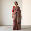 Red Chanderi Silk Natural Dyed Hand Block Dabu Bagru Print Saree, draped and worn by a woman, AI visual of the saree, iTokri