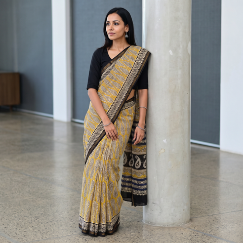 Yellow Chanderi Silk Natural Dyed Hand Block Dabu Bagru Print Saree, draped and worn by a woman, AI visual of the saree, iTokri