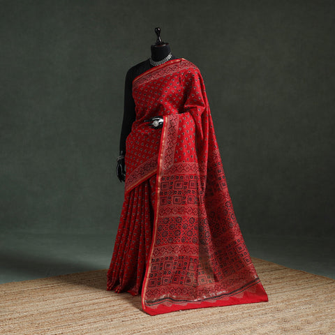 Chanderi silk natural dyed hand block print ajrakh saree 84