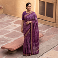 Purple Chanderi Silk Nui Shibori Tie-Dye Saree with Ghicha Border, draped and worn by a woman, AI visual of the saree, iTokri