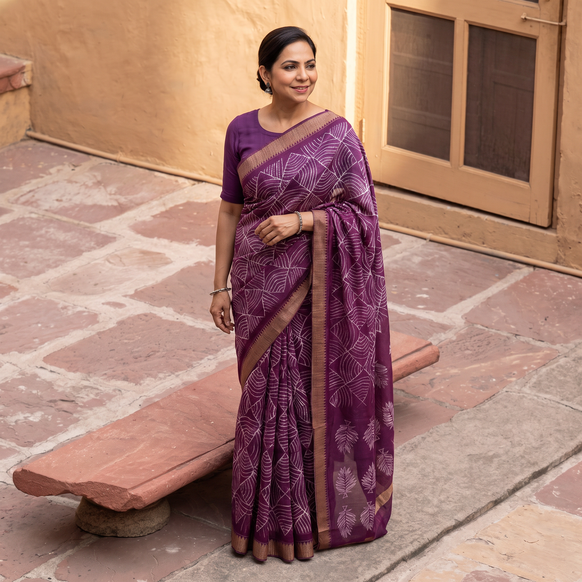 Purple Chanderi Silk Nui Shibori Tie-Dye Saree with Ghicha Border, draped and worn by a woman, AI visual of the saree, iTokri