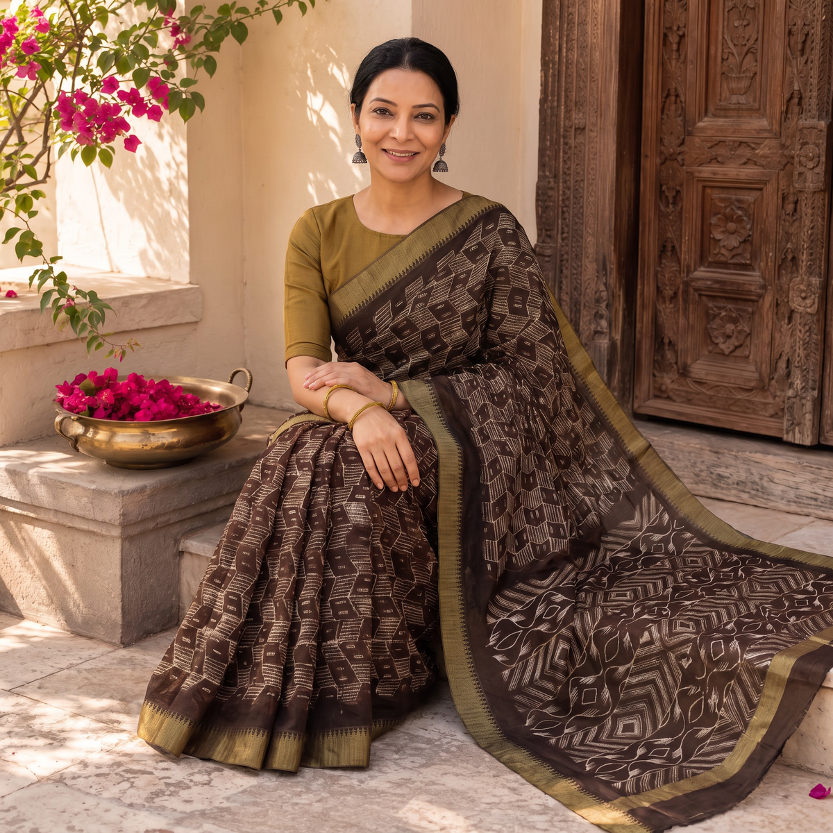Brown Chanderi Silk Nui Shibori Tie-Dye Saree with Ghicha Border, draped and worn by a woman, AI visual of the saree, iTokri