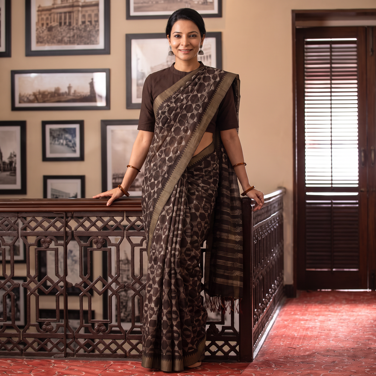 Brown Chanderi Silk Nui Shibori Tie-Dye Saree with Ghicha Border, draped and worn by a woman, AI visual of the saree, iTokri